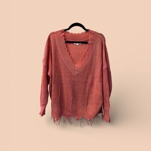 Elegant V-Neck Frayed Hem Sweater - Coral